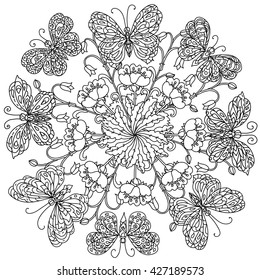 mandala shape flowers and butterfly for adult coloring book in zen art therapy style for anti stress drawing. Hand-drawn, retro, doodle, vector, mandala style, for coloring book or poster design.