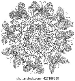 mandala shape flowers and butterfly for adult coloring book in zen art therapy style for anti stress drawing. Hand-drawn, retro, doodle, vector, mandala style, for coloring book or poster design.
