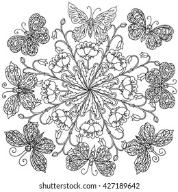 mandala shape flowers and butterfly for adult coloring book in zen art therapy style for anti stress drawing. Hand-drawn, retro, doodle, vector, mandala style, for coloring book or poster design.