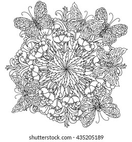 mandala shape flowers and butterfly for adult coloring book in zen art therapy style for anti stress drawing. Hand-drawn, retro, doodle, vector, mandala style, for coloring book or poster design.