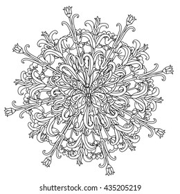 mandala shape flowers and butterfly for adult coloring book in zen art therapy style for anti stress drawing. Hand-drawn, retro, doodle, vector, mandala style, for coloring book or poster design.