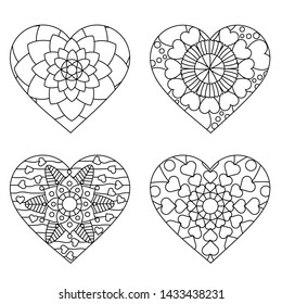 Mandala shape hearts 4 style coloring for adults.