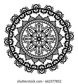 Mandala in the shape of the native culture inspired dreamcatcher made out of swirly elements in black and white symbolizing happiness, love and spiritual life style 2