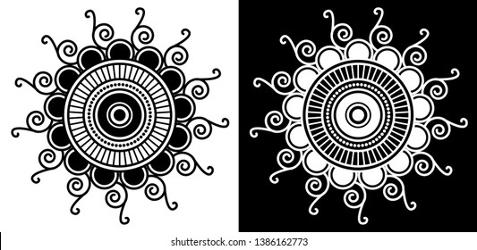 Mandala Shape spirals, Circles and Lines - Indian Traditional and Cultural Rangoli, Alpona, Kolam or Paisley vector line art with dark and white background
