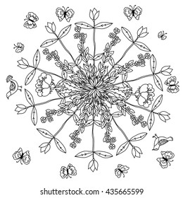 mandala shaped contoured flowers, leaves and birds for adult coloring book in zen art style for anti stress drawing. Hand-drawn, retro, doodle, vector, black and white, for coloring book or poster