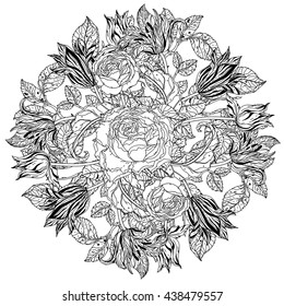 mandala shaped contoured flowers, leaves. black and white, for coloring book or poster colouring book style luxury roses in zenart style, could be used for Adult colouring book.