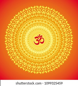 Mandala with the sign of Aum (Om, Ohm). Openwork delicate ornament. In red, orange and yellow tones. Vector graphics.