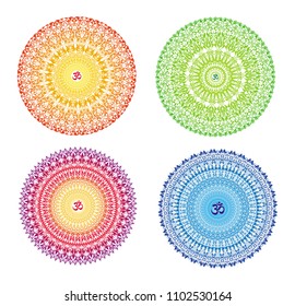 Mandala with the sign of Aum (Om, Ohm). Openwork delicate ornament. In red, purple, green, blue,  orange and yellow  tones. Vector graphics.