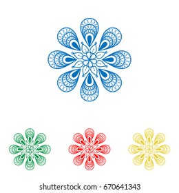 Mandala sign illustration. Vector. Big blue flat icon with red, green and yellow small icons at white background. Isolated.