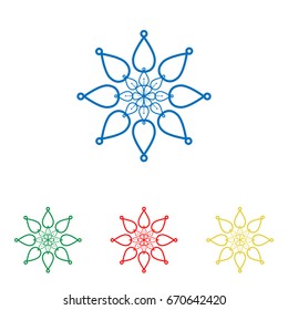 Mandala sign illustration. Vector. Big blue flat icon with red, green and yellow small icons at white background. Isolated.