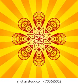 Mandala sign illustration. Vector. Dark red linear icon on yellowish rays as background.