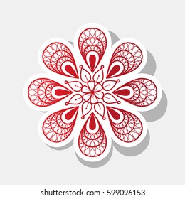 Mandala sign illustration. Vector. New year reddish icon with outside stroke and gray shadow on light gray background.