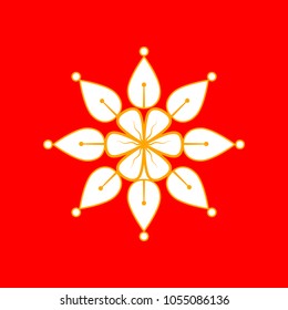 Mandala sign illustration. Vector. Orange icon with white holes if exist at red background. Isolated.