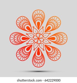 Mandala sign illustration. Vector. Orange, red-yellow icon with shadow on gray background.