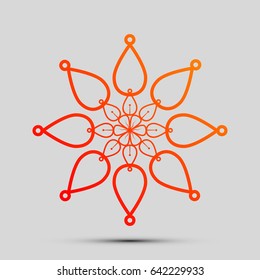 Mandala sign illustration. Vector. Orange, red-yellow icon with shadow on gray background.