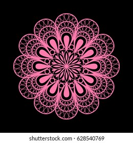 Mandala sign illustration. Vector. Pink icon on black background.