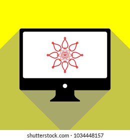 Mandala sign illustration. Vector. Red icon on white monitor of black all-in-one desktop computer with two shadows at yellow background.