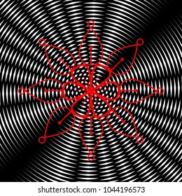 Mandala sign illustration. Vector. Red icon on white and black radial interference as background.