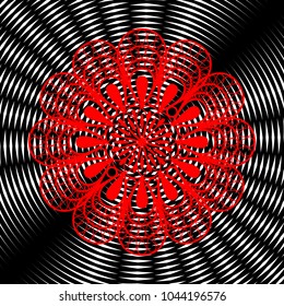 Mandala sign illustration. Vector. Red icon on white and black radial interference as background.