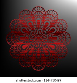 Mandala sign illustration. Vector. Striped red and black icon at gradient blackish background. Zebra.