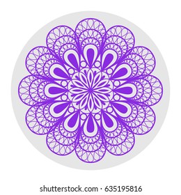 Mandala sign illustration. Vector. Violet flat icon on light gray circle at white background. Isolated.