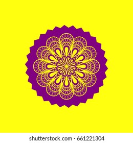 Mandala sign illustration. Vector. Violet label with hole as icon on yellow background.