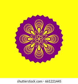 Mandala sign illustration. Vector. Violet label with hole as icon on yellow background.