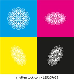 Mandala sign illustration. Vector. White icon with isometric projections on cyan, magenta, yellow and black backgrounds.