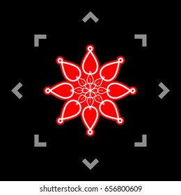 Mandala sign illustration. Vector. White icon in gray focus like mandala on black background.