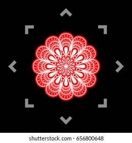 Mandala sign illustration. Vector. White icon in gray focus like mandala on black background.