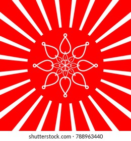 Mandala sign illustration. Vector. White icon on red sun with rays as background. Isolated.