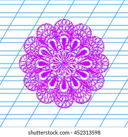 Mandala sign illustration. Violet scribble icon with school paper.