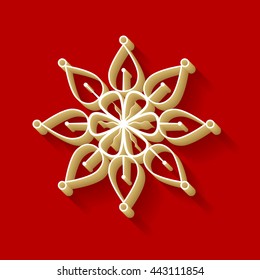 Mandala sign illustration. White button icon with wood color and shadow on dark red background.