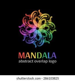 Mandala sign logo, transparent overlap cycle business corporate multicolor ornament on black background