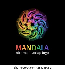Mandala sign logo, transparent overlap cycle business corporate multicolor ornament on black background