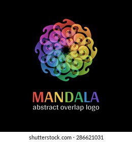 Mandala sign logo, transparent overlap cycle business corporate multicolor ornament on black background