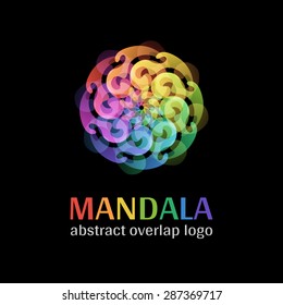 Mandala sign logo, transparent overlap cycle business corporate multicolor ornament on black background