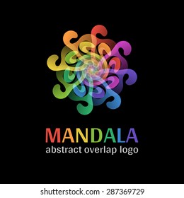 Mandala sign logo, transparent overlap cycle business corporate multicolor ornament on black background