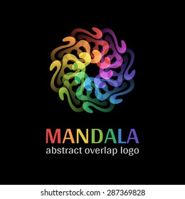 Mandala sign logo, transparent overlap cycle business corporate multicolor ornament on black background