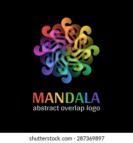 Mandala sign logo, transparent overlap cycle business corporate multicolor ornament on black background
