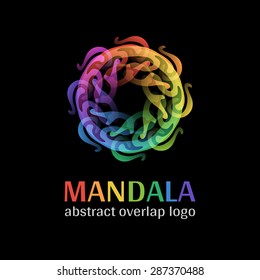 Mandala sign logo, transparent overlap cycle business corporate multicolor ornament on black background