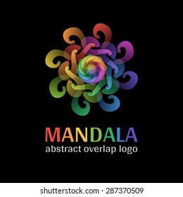 Mandala sign logo, transparent overlap cycle business corporate multicolor ornament on black background