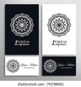 Mandala sign symbol, black and white round ornament. Business cards set. Decorative doodle art, stylized floral pattern. Isolated design elements for logo, icon, label, emblem. Tribal ethnic decoratio