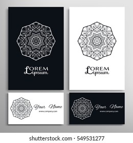 Mandala sign symbol, colorful round ornament. Business cards set. Decorative doodle art, stylized floral pattern. Isolated design elements for logo, icon, label, emblem. Tribal ethnic decoration