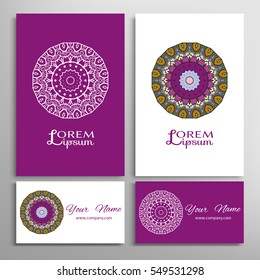 Mandala sign symbol, colorful round ornament. Business cards set. Decorative doodle art, stylized floral pattern. Isolated design elements for logo, icon, label, emblem. Tribal ethnic decoration