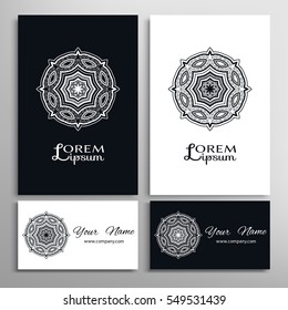 Mandala sign symbol, colorful round ornament. Business cards set. Decorative doodle art, stylized floral pattern. Isolated design elements for logo, icon, label, emblem. Tribal ethnic decoration