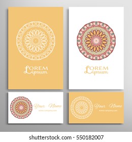Mandala sign symbol, colorful round ornament. Business cards set. Decorative doodle art, stylized floral pattern. Isolated design elements for logo, icon, label, emblem. Tribal ethnic decoration