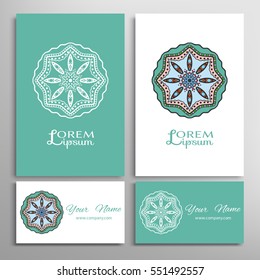 Mandala sign symbol, colorful round ornament. Business cards set. Decorative doodle art, stylized floral pattern. Isolated design elements for logo, icon, label, emblem. Tribal ethnic decoration