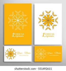 Mandala sign symbol, colorful round ornament. Business cards set. Decorative doodle art, stylized floral pattern. Isolated design elements for logo, icon, label, emblem. Tribal ethnic decoration