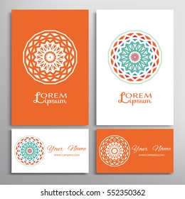 Mandala sign symbol, colorful round ornament. Business cards set. Decorative doodle art, stylized floral pattern. Isolated design elements for logo, icon, label, emblem. Tribal ethnic decoration